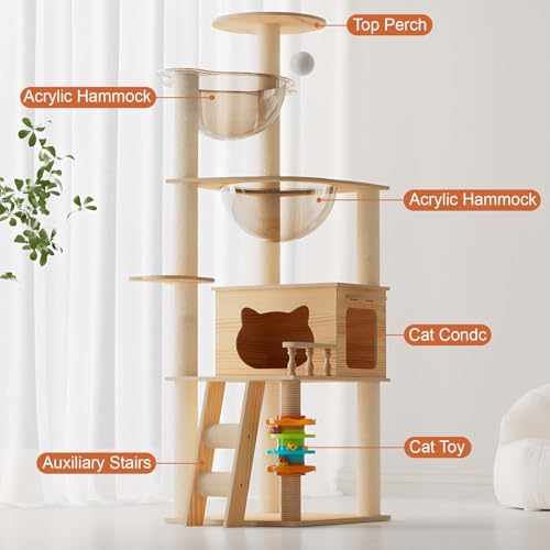 Torre moderna para gatos de madera 59 pulgadas con poste de sisal miniatura 3