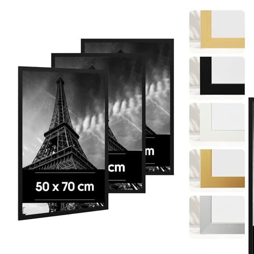 Estancia 3 Stück Schwarze Bilderrahmen aus Kunststoff 50x70 cm 3er-Pack 50 x 70 cm Rahmen mit Bruchsicherem Acrylglas Moderner Fotorahmen für Wände und Tische