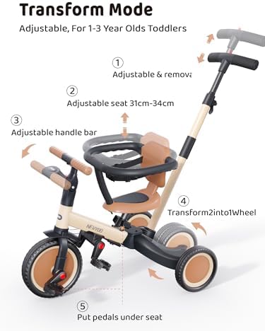 newyoo TR008 5 in 1 Toddler Tricycle with Push Handle for 1-3 Year Old Boys and Girls, Kids Push Trike with Safe Bar, Toddler Bike, Convert to Balance Bike, Birthday Gifts and Toys for Baby, Cream — view 4