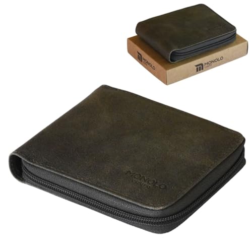 Carteira Masculina Couro Legítimo Ziper Porta Cartão Documentos Crédito CNH Grande Completa Monolo (Marrom Castor)