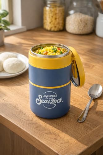Image of Insulated Stackable Bento Lunch Box, 780ml Double Layer 304 Stainless Steel Thermal Food Jar with Foldable Spoon for Hot & Cold Meals, Leakproof Container for Kids & Office - Blue /Yellow