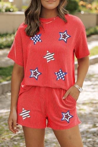 Image of Womens Pajama Sets 2 Piece Pjs Sleepwear Soft Comfy Short Sleeve Tops and Shorts Lounge Set Loungewear Outfit