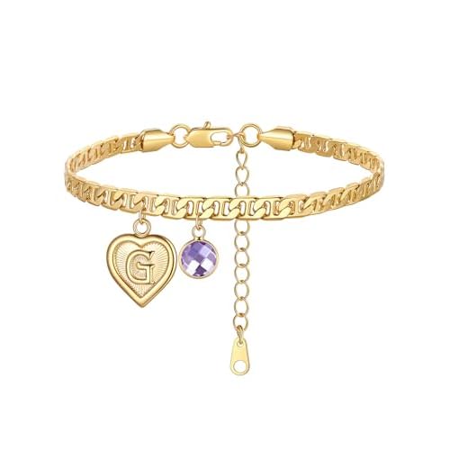 Custom4U Personalized Initial Ankle Bracelets for Women 14K Gold Plated Dainty CZ Birthstone Heart/Hexagon Letter Initial Anklets for Women Adjustable Silver/Gold Foot Chain Summer Beach Jew