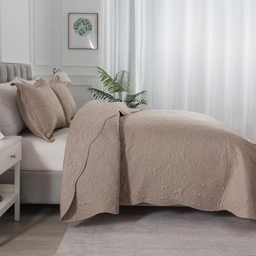 HoneiLife Quilt Sets King Size - Microfiber Bedspreads for King Bed, 3-Piece Lightweight Coverlets, Retro Bedlinen Sets, King Quilt Bedding Set All Season Use-Dark Khaki