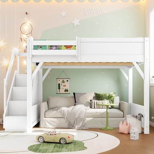 Image of KEIKI Solid Wood Full Size Loft Bed Frame with Stairs, Built-in Wardrobe and Storage Space, Full Loft Bed with Shelves, Full-Length Guardrails, No Box Spring Needed for Bedroom, Light White