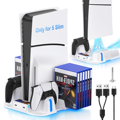 Nepagz Soporte PS5 Slim con Ventilador de Refrigeración, Accesorios PS5 Slim para Consola Playstation 5 Slim con Estación de Carga de Controlador Dual y Almacenamiento para 12 Juegos - Negro
