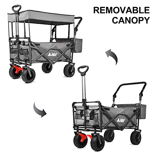 Aukar Collapsible Canopy Wagon - Heavy Duty Utility Outdoor Foldable Garden Cart - With Adjustable Push Pulling Handles,Big Wheels For Sand, For Shopping, Picnic, Camping, Sports - Grey #TOP1