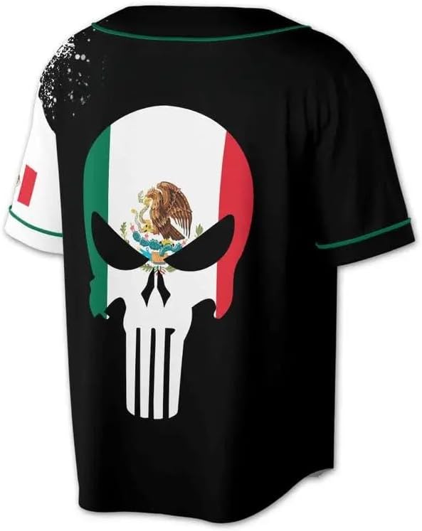 Patriotic Mexico Flag Mexico Coat of Arms Skull Baseball Jersey, Vintage Mexican Style Baseball Jersey, Mexican Culture Gift