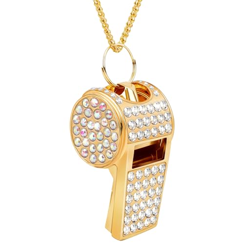Whistle Gold Bling Whistle Metal Crystal Rhinestone Whistles Shining Glitter Whistles with Long Chain Necklace Pendant Accessory for Women Men Coaches Referee Teacher Official Sport Training Loudsound