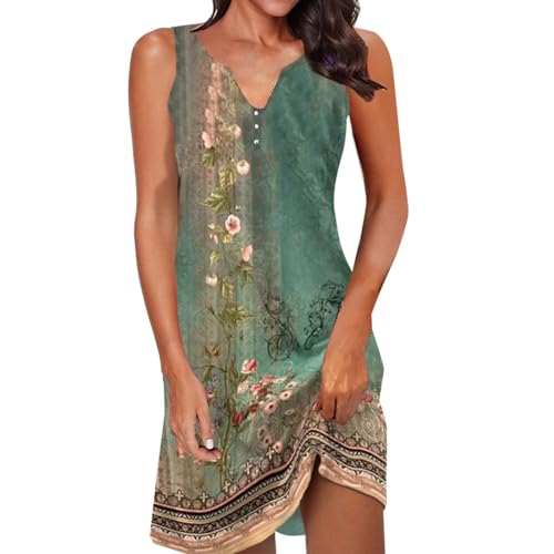 riou 2024 Vestido Mujer Verano Casual Sin Mangas Honda Vintage Camisa de Vestir Divertida Estampada Retro Vestidos de Playa de Informal Sueltos Falda con Cuello en V Elegante Mini Vestido