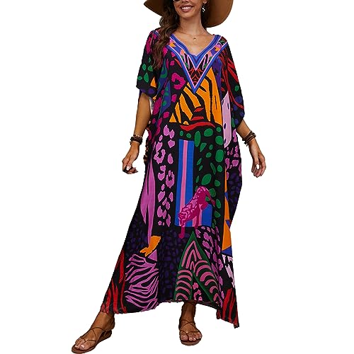 Image of sunforyou Kaftan Dresses for Women Plus Size Lightweight Swimsuit Cover up Batwing Sleeve Print Loungewear Beach Robe