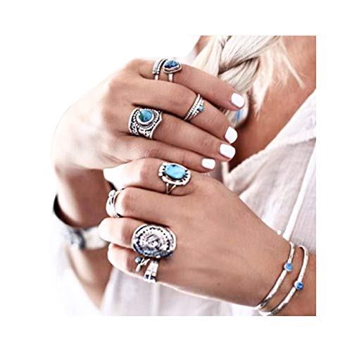 Fstrend Boho Turquoise Rings Set Silver Vintage Knuckle Joint Finger Rings Midi Ring Sets Carving Stackable Rings Jewelry for Women and Girls(8 Pcs)