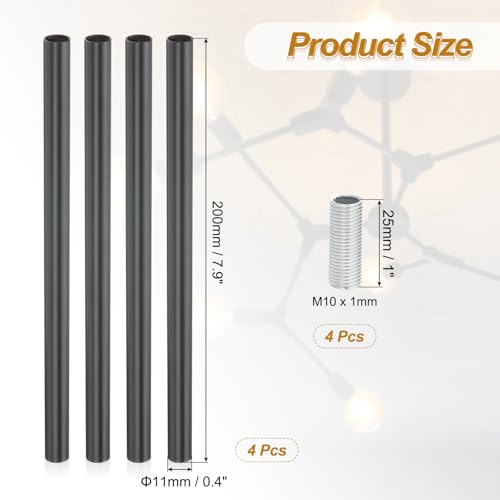 Image of PATIKIL Threaded Extension Rod, 4 Sets 8 inch M10 x 1mm Fine Thread Lamp Pipe with Lamp Pipe Nipples for Pendant Light Island Lighting Chandeliers Stems, Black