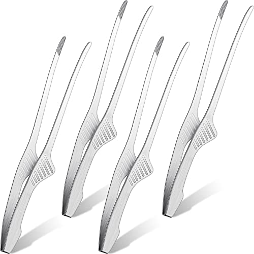 Patelai 4 Pieces Korean and Japanese BBQ Tongs Non Slip Cooking Utensils Stainless Steel Tongs for Serving Food, Salad, Camping, Barbecue, Buffet, Oven with Support Stand (Silver)
