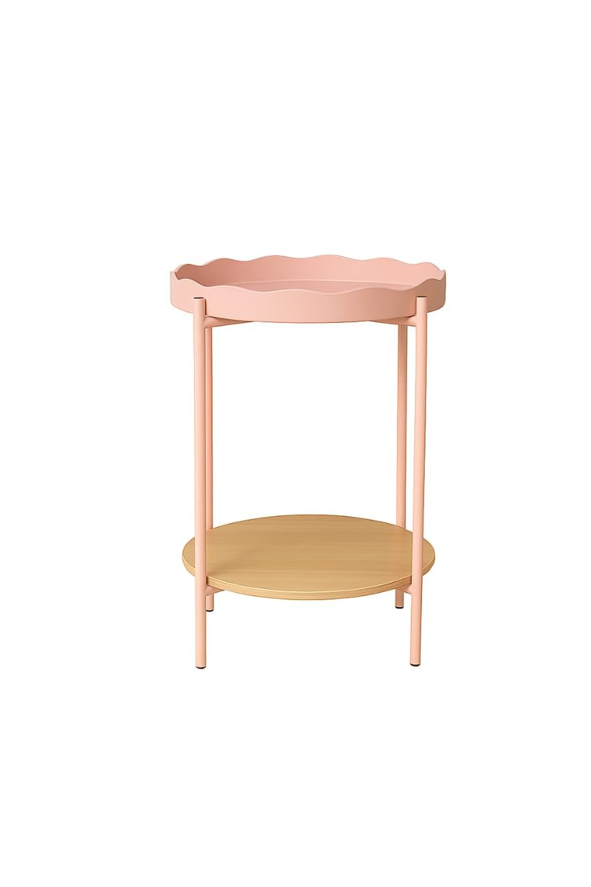 MEHRU 2 Tier Metal Tray Side Table Modern Round Side Table with Scalloped Edge Nightstand Sofa Side End table Foldable Metal Bedside table Corner Coffee table for Bedroom Hallway Office. (Blush)