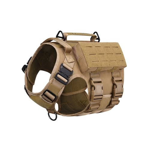 AIWAI Tactical Hundegeschirr mit Griff für große Hunde, 2X Metallschnalle, Hund MOLLE Weste mit Taschen, Kein Zug Verstellbare Easy Control Hundeweste Geschirr für Working Training (Khaki, L)