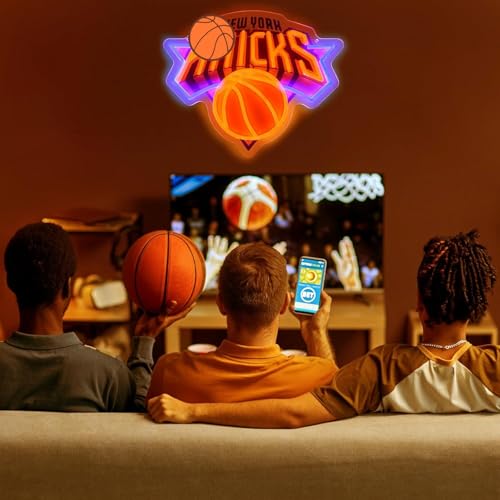 Image of Basketball Team Neon Sign, Sport Light Up Dimmable NY Basketball Team Logo Hanging USB Powered Led Neon Sign for Wall Decor, Bedroom, Man Cave, Party, Birthday Party Christmas Merch Deco Gift for NY Boys Teens Fans