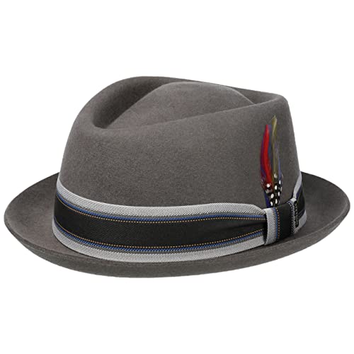 Stetson Lancover Diamond Wollhut Einfarbiger Pork-Pie-Hut Herren Filzhut mit Ripsbandgarnitur Öl- und wasserabweisend Herbst Winter grau L (58-59 cm)