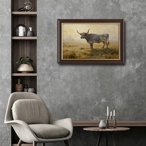 Image of Antique Framed Longhorn Cattle Canvas Wall Art, Western Farm Animal Oil Painting Canvas Prints, Vintage Ranch Wall Decor Pictures for Living Room Bedroom Office Bathroom