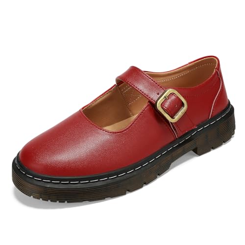 Image of Women's Mary Jane Flat Shoes Comfort Platform Buckle Ankle Strap Flats Breathable Slip On Lightweight Office Work Shoes Burgundy,8 US