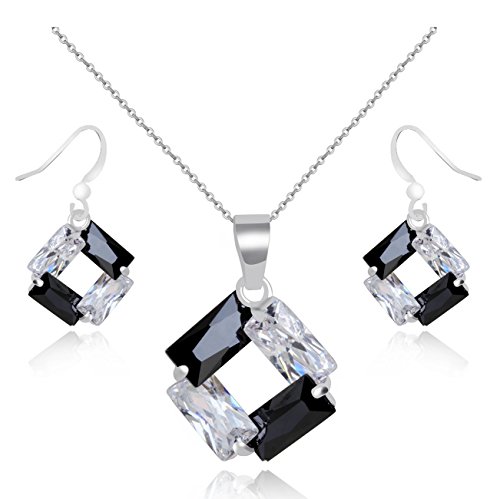 Crystalline Azuria Femme Ensemble Rhombe Collier et Pendantes Boucles d'Oreilles 18ct Plaqué Or Blanc avec Cristaux Blancs et Noirs en Zircone