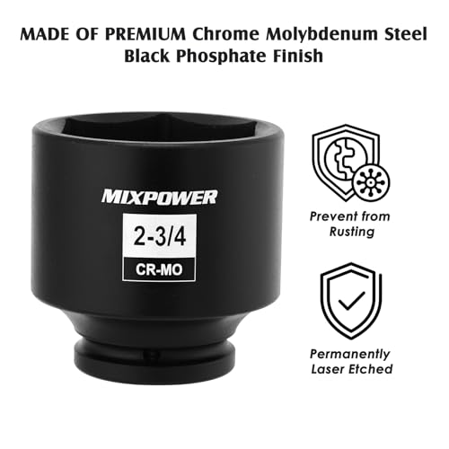 Image of MIXPOWER 3 /4 inch Drive Shallow Impact Socket, CR-MO, 2-3 /4 inch, SAE, 6 Point, Axle Nut Impact Grade Socket for Easy Removal