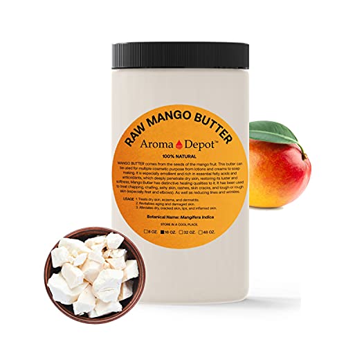 Mango Butter Raw 1 Lb / 16 Oz Unrefined Jar (Chunks) 100% Natural Great For Skin, Body, Hair Care. Diy Body Butter, Lotions, Creams Reduces Fine Lines, Wrinkles, Used For Eczema Psoriasis, Hexane-Free #TOP25
