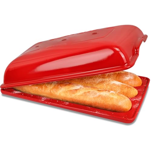 KVZKVZ Ceramic Baguette Baker With Lid, 3 Loaves Baguette Bread Pan With Superior Even Heat, Easy To Release For Sourdough Baguettes, Hoagie Rolls, French Bread Baking Pan For Healthier Baking
