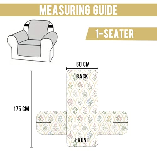 Image of Story@Home Quilted Sofa Cover 1 Seater Fully Covered Stretchable Microfiber Sofa Cover 1 Seater 60x175cm Beige & Green Floral & Motif 1 Seater Sofa Cover for Living Room|Create Your own Customized Set