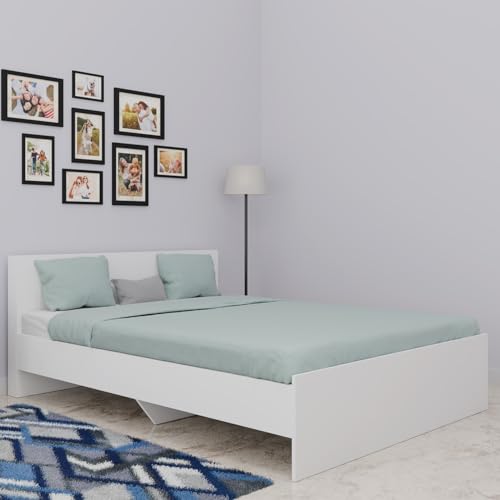 Image of VIKI Tapered King Size Wooden Bed Frame (70x80) | Engineered Wood Platform Bed for Bedroom | Modern Bedroom Bed Without Storage | Frosty White Finish | Free Assembly | 1 Year Warranty