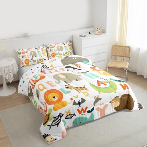 Image of Feelyou Kids Cartoon Wild Animals Bedding Set for Girls Boys Nursery Letter Comforter DecorWildlife Decor Comforter Set Nature Vibrant Colorful Duvet Set Twin Size Quilt Boys
