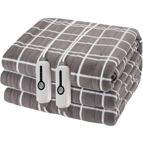 Electric Heated Blanket Queen Size 84"x90", Soft Fleece with 10 Hours Auto-Off & 4 Heating Levels, Dual Control and Machine Washable, LightGray Plaid