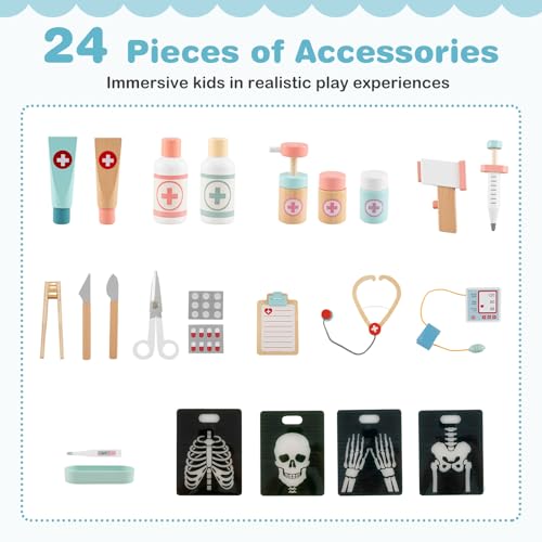 KOTEK Kids Doctor Play Set with 24 PCS Accessories, Wooden Medical Station with Eye Chart, ECG Monitor, X-Ray Film, Pretend Play Hospital Center for Toddlers, Toy Doctor Kit for Girls Boys (Blue)