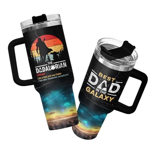 34HD Dadalorian Daddy Tumbler 40oz with Handle Lid and Straw, Funny Best Dad in the Galaxy Gift, Retro Sunset Outer Space Design, Insulated Stainless Steel Cup for Men, Father’s Day Birthday Present