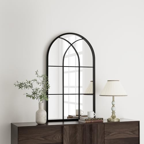 Arched Wall Mirror 30 x 20 Window Mirror Wall Decorative Mirror Iron Framed Window Pane Mirror Arched Top Wall Mirror for Entryway Living Room Bedroom Fireplace Black