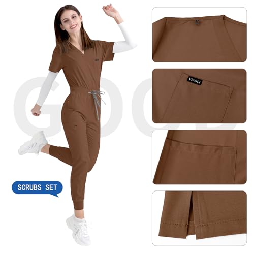 VIAOLI Scrubs for Women -Stretchy Scrubs Set Nursing Scrub Top & Jogger Pants with Yoga Waistband, 10 Colors Uniformes (Brown,S,Small)