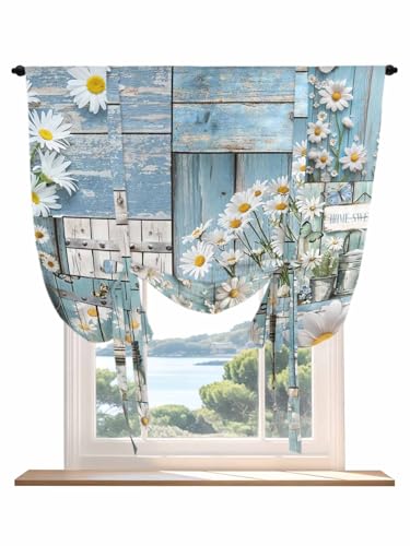 Tie Up Curtains for Windows Farmhouse Daisies Roman Shade 52 x 63 Inch Bathroom Curtains Window Summer Spring Botanical Wooden Grain Rod Pocket Short Balloon Curtains for Living Room Kitchen Blinds
