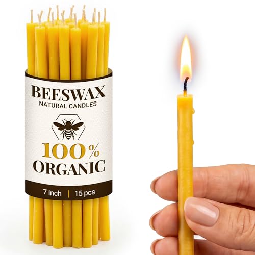 Natural Candles 7” 15 pcs Best Candle Pure Deep Yellow Bee Wax with Great Honey Scent and Cotton Wicks - Eco Friendly 100% Candles for Decoration Home Birthday Cake 110440