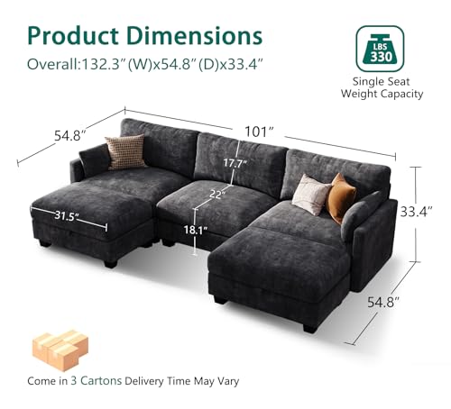 Image of Modular Sectional Sofa, 101 inch U Shaped Couch with Storage | High Resilience Foam, 22 inch Seat Depth, Movable Ottoman, Comfy Chenille, Easy Assembly, Black
