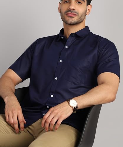 Image of MILDIN Men's Cotton Blend Solid Shirt with Spread Collared Half Sleeve Curved Hemline Button Closure Regular Fit and One Pocket | Half Sleeve Shirt for Men