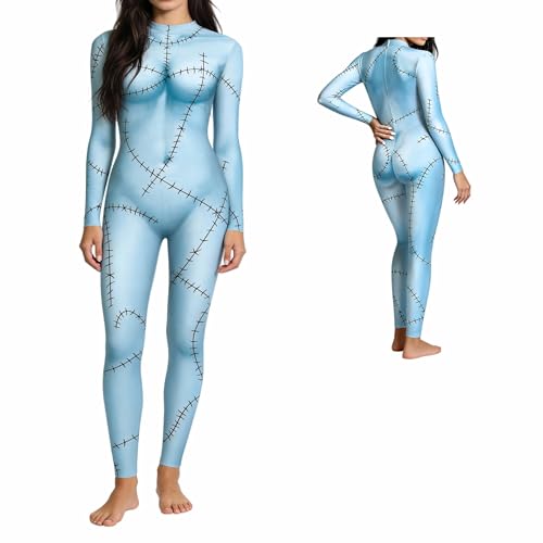 ELDSIGIL Women Halloween Costume Stretchy Bodysuit Blue Long Sleeve Zip Up Jumpsuit Adult Christmas Party Outfit (Blue Large)