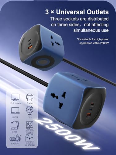 Image of 2500W Cube Extension Board Power Strip with USB C Ports | 3 Power Sockets with 65W Gan Type C USB QC PD Super Fast Charging | Multi Port Extension | 2M Power Cord (SC3319)