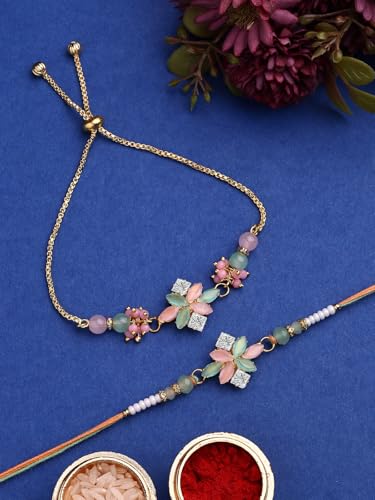 Image of Sukkhi Rakhi Most Beautiful Floral with Gold Plated Rakshabandhan Combo Lumba Rakhi for Bhiaya Bhabhi Brother with Roli Chawal & Greeting Card|Set of 2