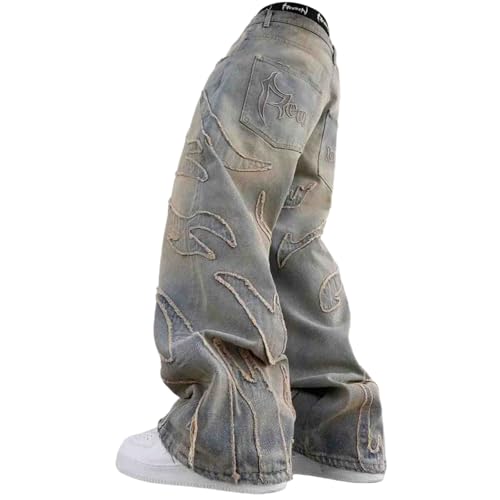 Ethbox Y2K Men's Retro Flame Splicing Wide Leg Jeans Women's Gothic Straight Tube Loose Jeans (Mud Color,XXL)