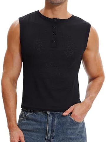HAWILAND Henley koszulka męska, bez rękawów, krótka, przezroczysta, tank top, Boxy Fit, koszulka mięśniowa na festiwal, imprezę, rave, czarny, S
