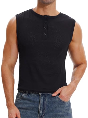 HAWILAND Henley koszulka męska, bez rękawów, krótka, przezroczysta, tank top, Boxy Fit, koszulka mięśniowa na festiwal, imprezę, rave, czarny, S