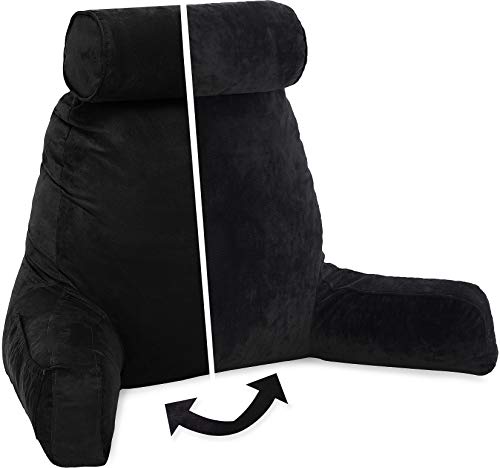 Image of Husband Pillow XXL Aspen Edition, Adult Reading Sit Up Bed Rest Pillow for Bed with Arms & Neck Roll on Bungee Cord - Premium Memory Foam - Reversible 2 Sided Cover Micro Suede or Plush, Stable Black
