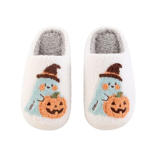 Image of Halloween Pumpkin Slippers for Womens Mens Plush Warm Spooky Lantern Pumpkin Slippers House Shoes