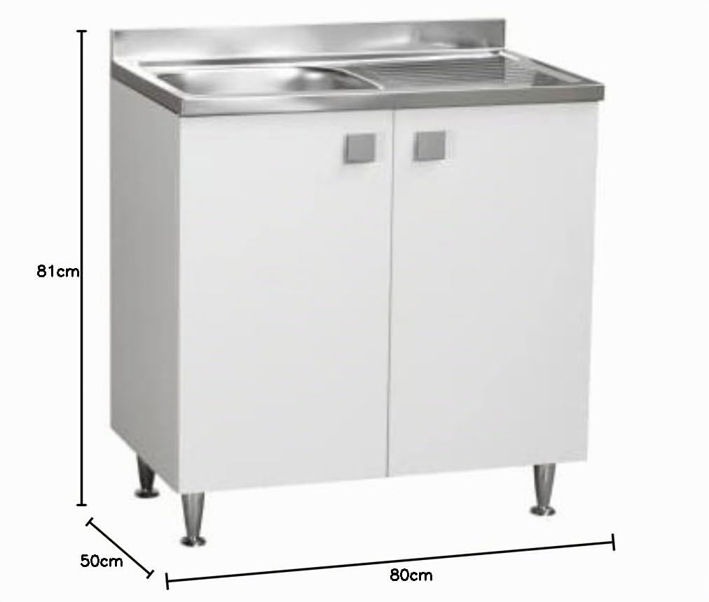 Mueble de Cocina con Fregadero de Acero Inoxidable con bañera Izquierda, 2 Puertas en Fresno Blanco, cm 80x50 H88