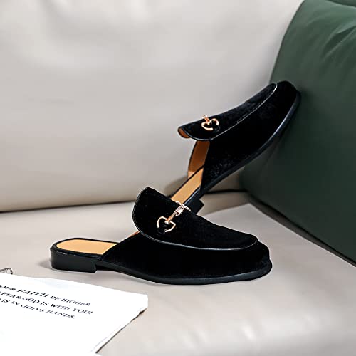 FLQL Mens Shoes Luxury Velvet Gold Buckle Slip-on Penny Loafers Casual Smoking Slippers Indoor Outdoor Sandals Black Size 7-134